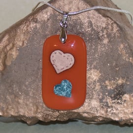 Orange with Embedded Hearts Pendant - Fused Dichroic Glass - 1148