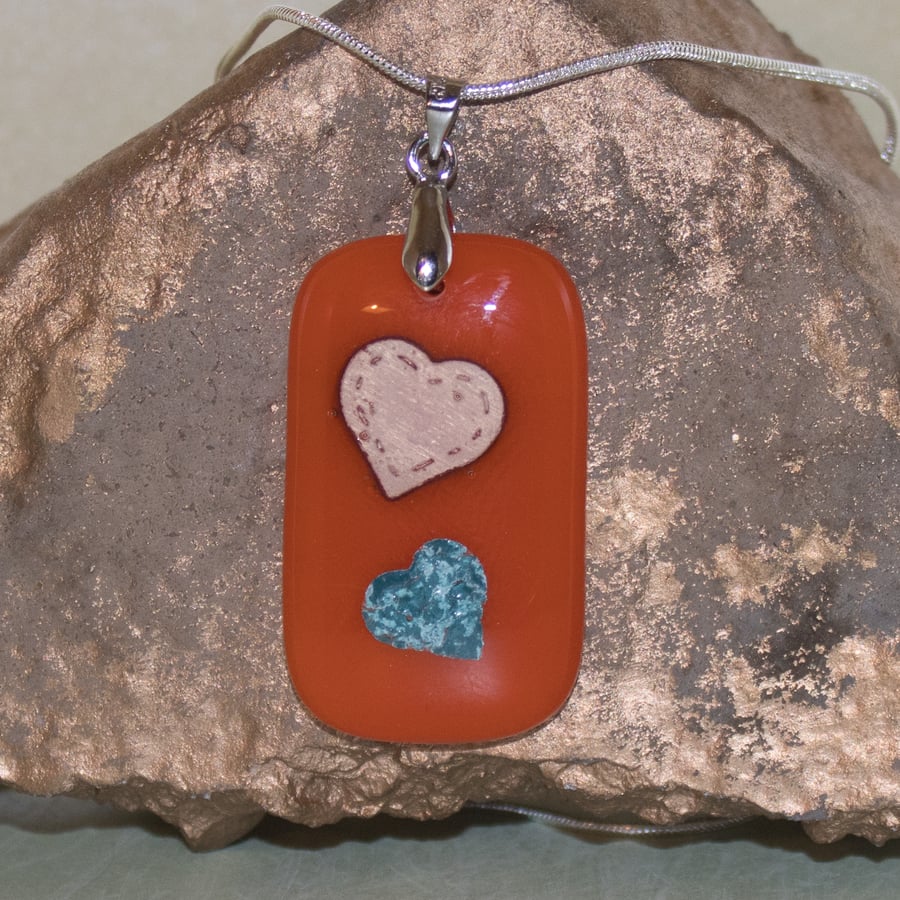 Orange with Embedded Hearts Pendant - Fused Dichroic Glass - 1148