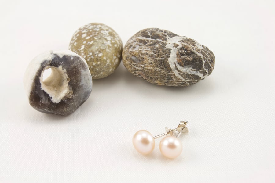 Freshwater Peach Button Pearl and Sterling Silver Stud Earrings
