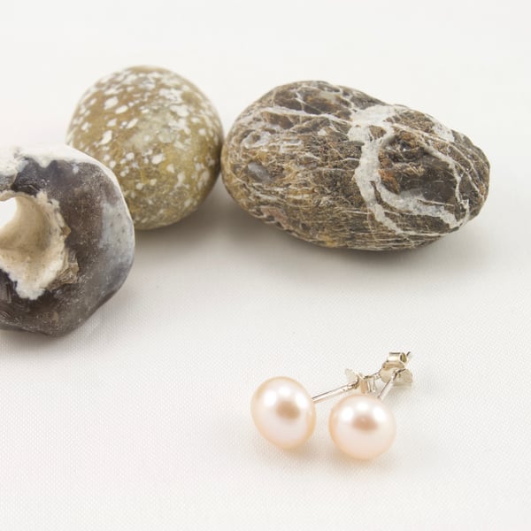 Freshwater Peach Button Pearl and Sterling Silver Stud Earrings