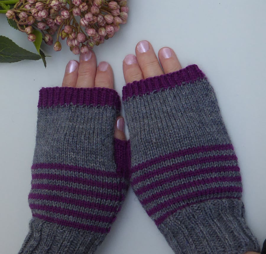 Stripy Knitted Wool Fingerless Gloves