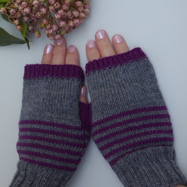 Stripy Knitted Wool Fingerless Gloves