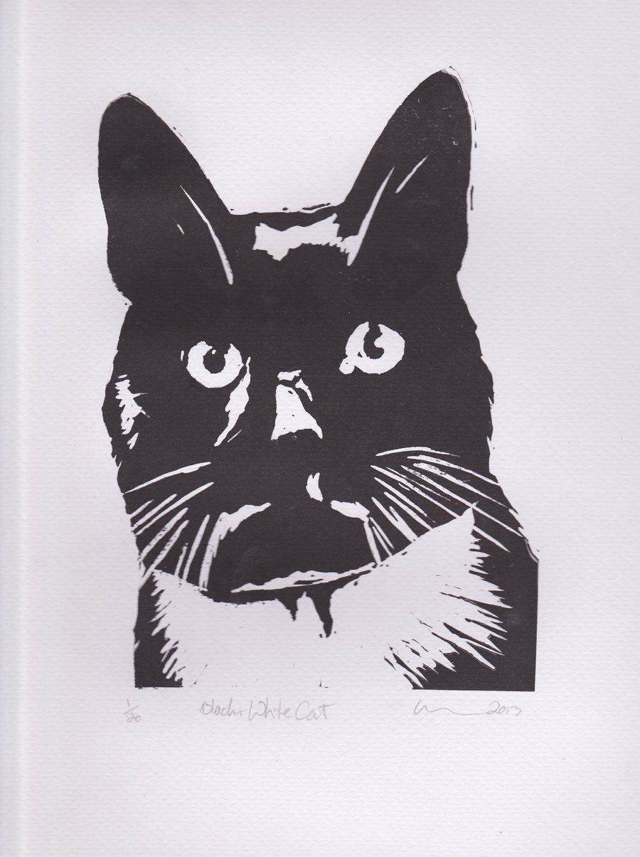 Black & White Cat Limited Edition Hand-Pulled Linocut Print