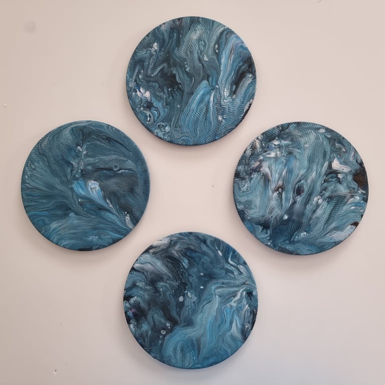 (21) Acrylic Art on Four Circular Coasters with Blue Foam backing