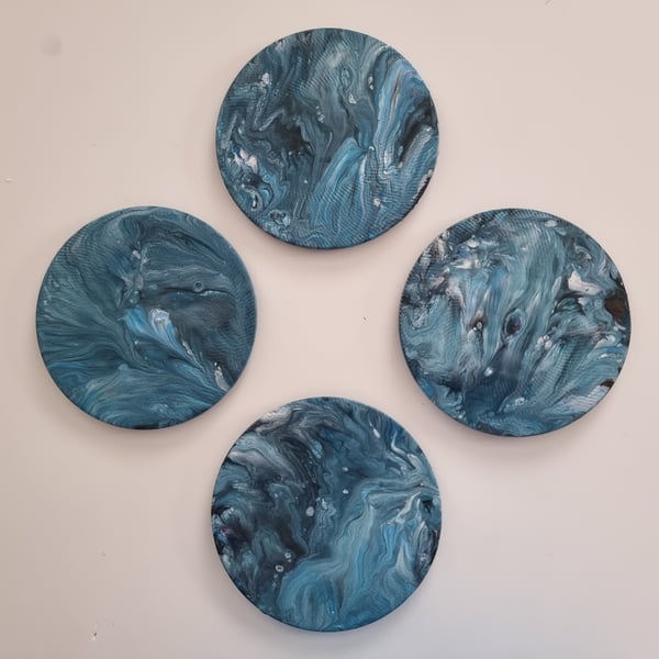 (21) Acrylic Art on Four Circular Coasters with Blue Foam backing