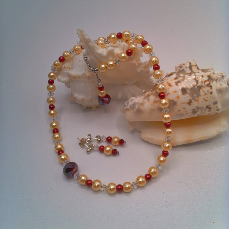 Champagne and Red Pearls and Crystal Bicone Necklace and Earrings, Gift for Her