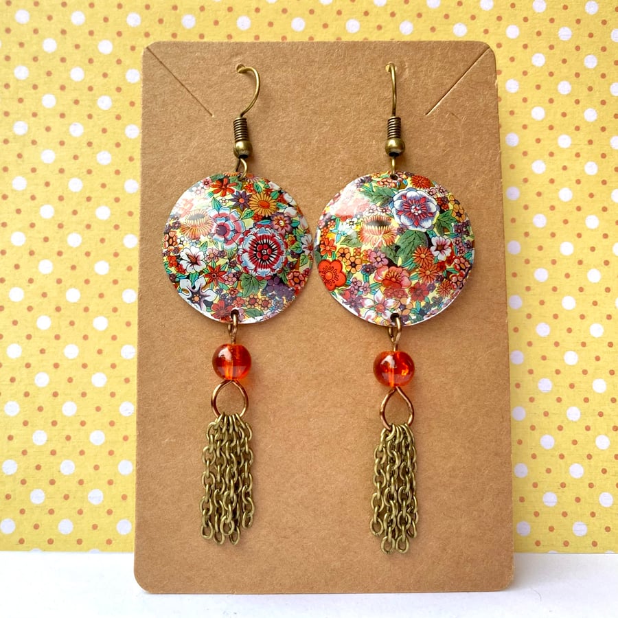 Vintage tin multicoloured floral domed circle tassel earrings