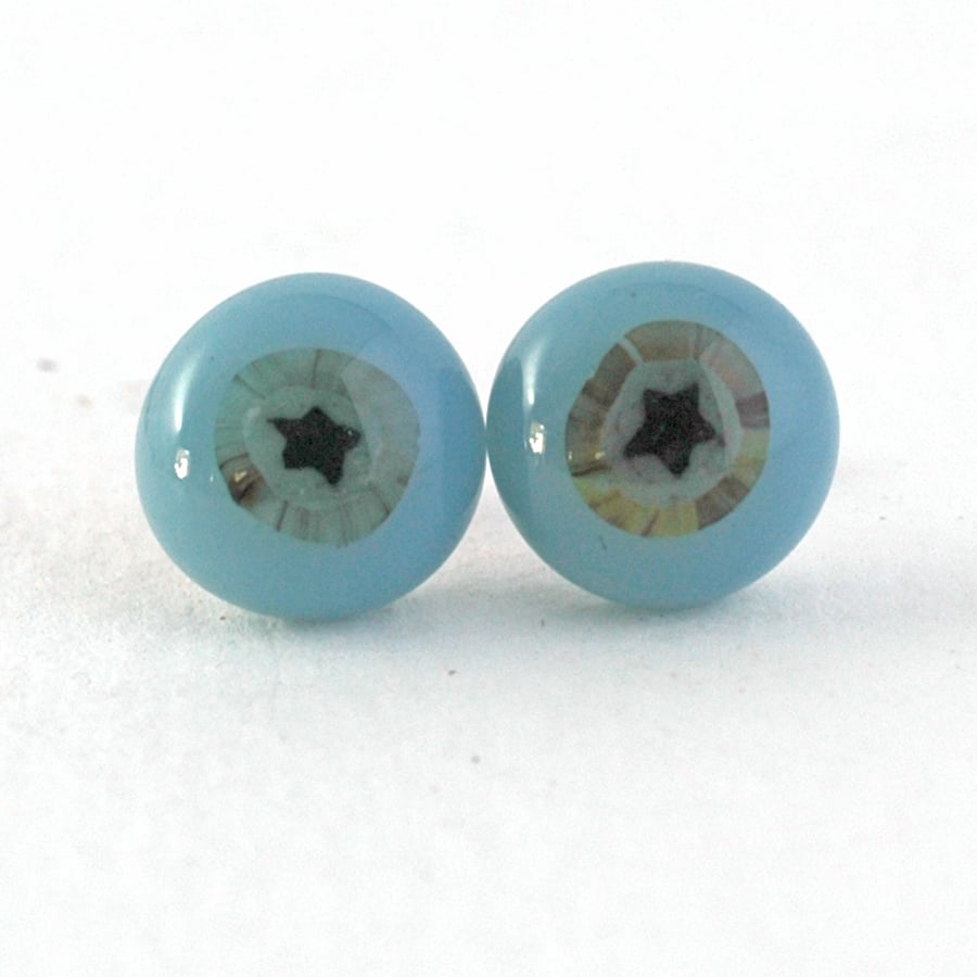 Blue Starburst Fused Glass Stud Earrings