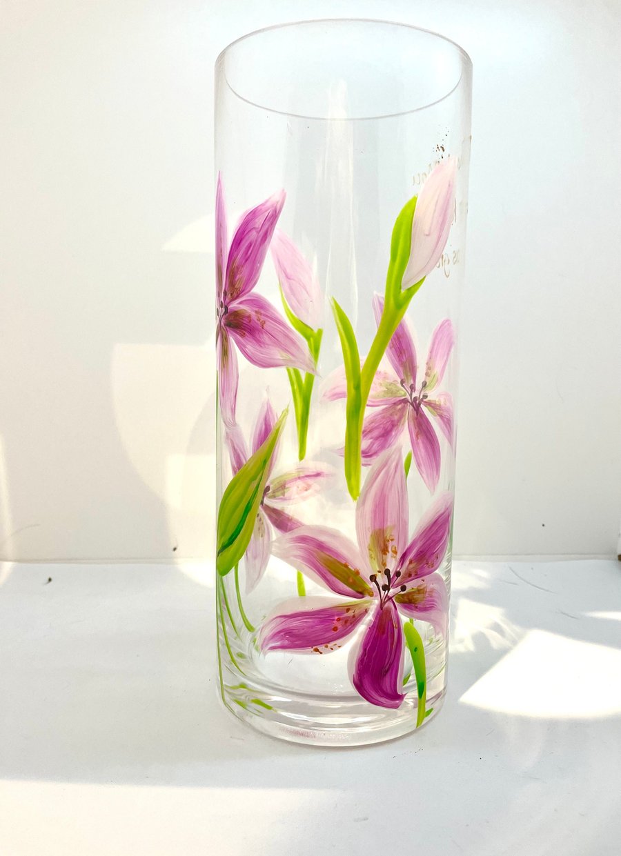 Hand Painted Vase Pink Lily Glass Vase for Flowers Birthday Gift