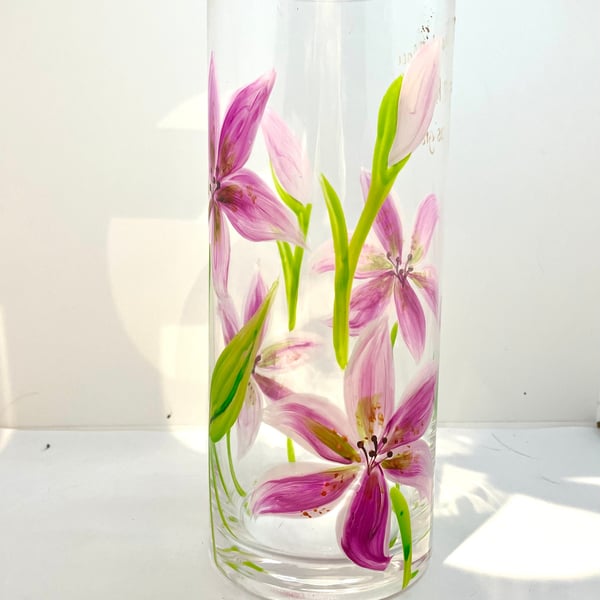 Hand Painted Vase Pink Lily Glass Vase for Flowers Birthday Gift