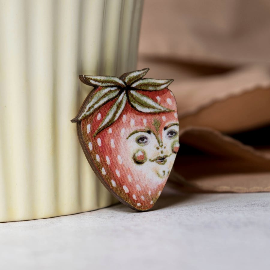 Sam the strawberry wooden badge brooch