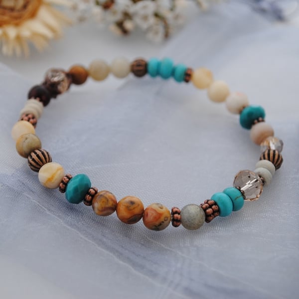 Turquoise & crazy lace agate stretch bracelet 