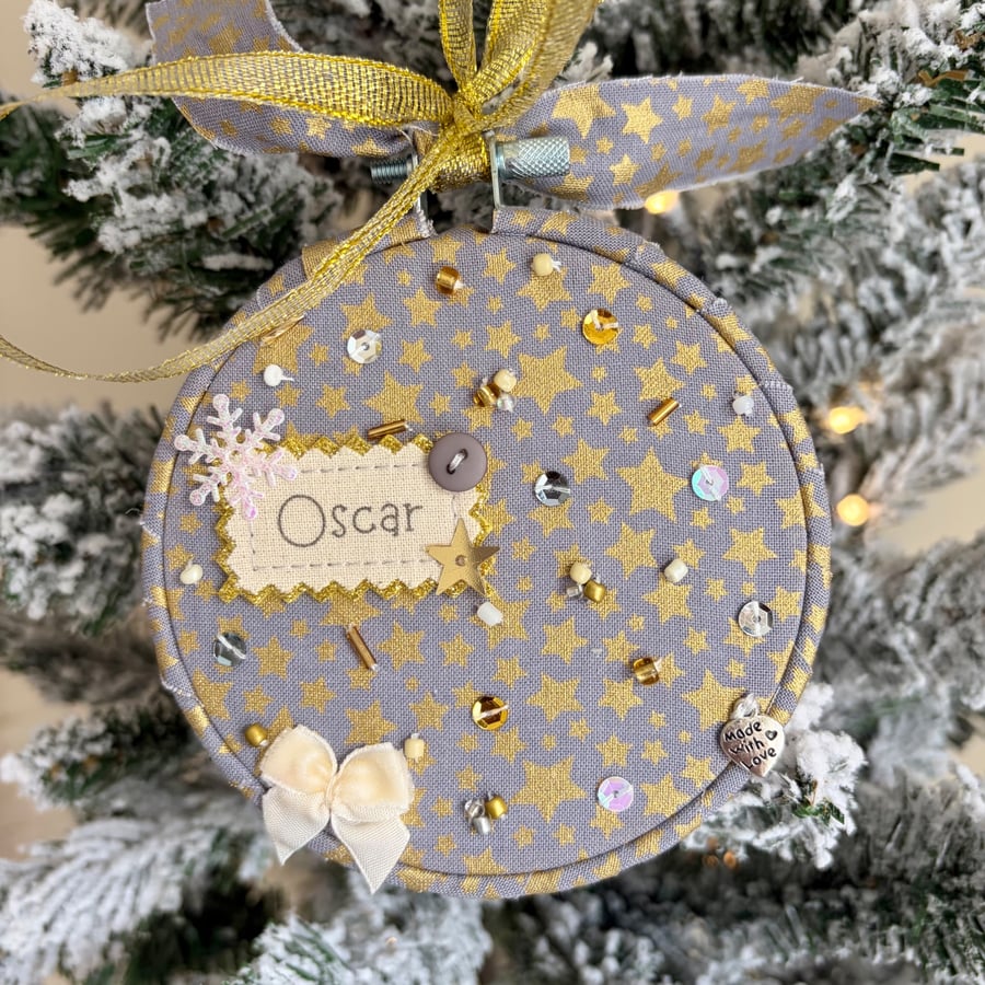 Personalised Gold Star Bauble - Handmade Grey Ornament