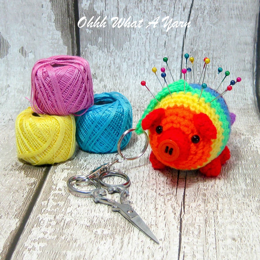 Crochet rainbow pig decoration, scissor keeper, pin cushion, bag charm.