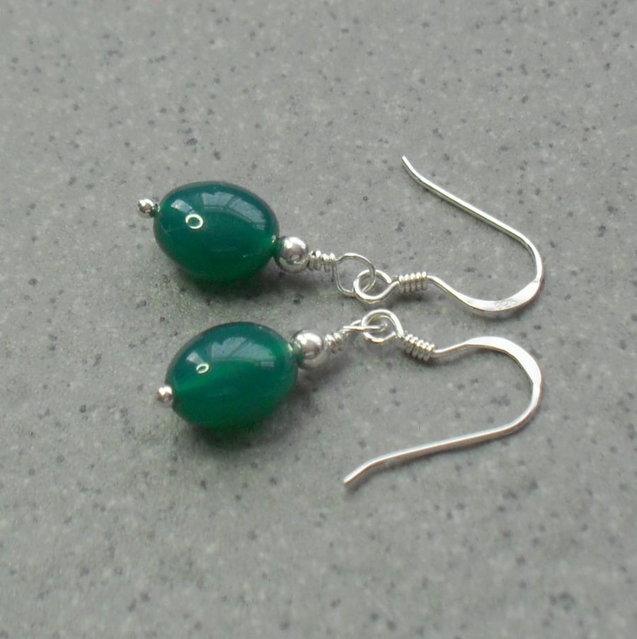 Dainty Green Onyx Sterling Silver Drop Earrings 