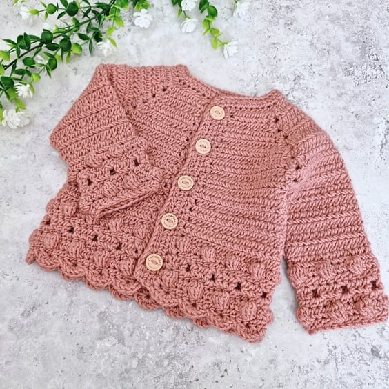 Dusky Pink Crochet Baby Cardigan – 0-3 Months – Handmade Gift 