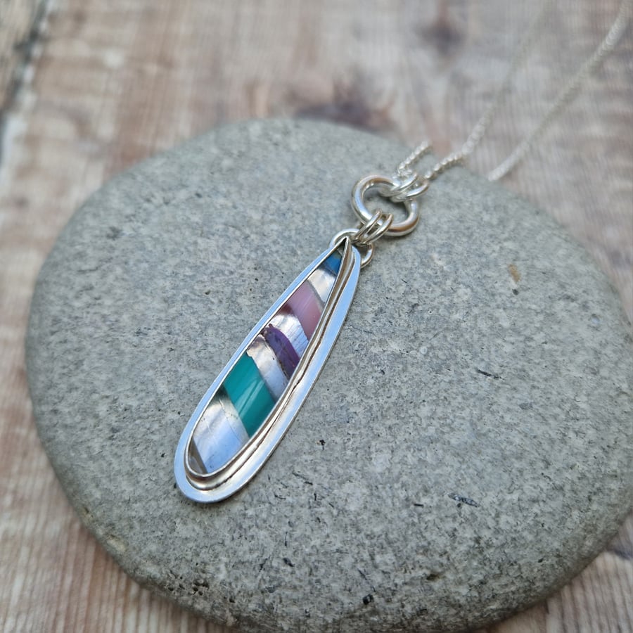 Sterling Silver and Surfite Teardrop Colourful Stripey Pendant Necklace