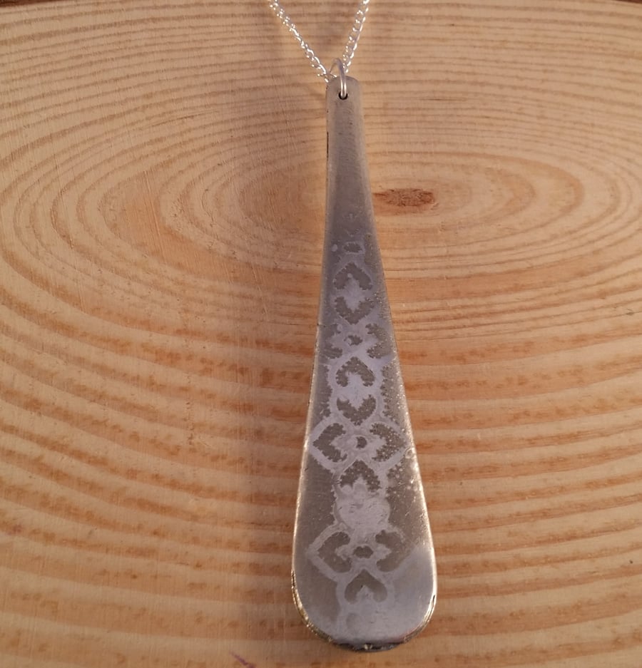 Silver Plated Upcycled Spoon Handle Necklace with Etched Hearts SPN051615