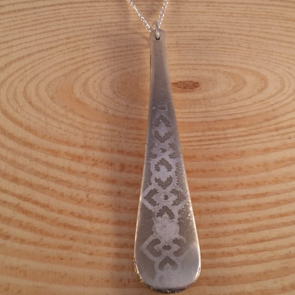 Silver Plated Upcycled Spoon Handle Necklace with Etched Hearts SPN051615