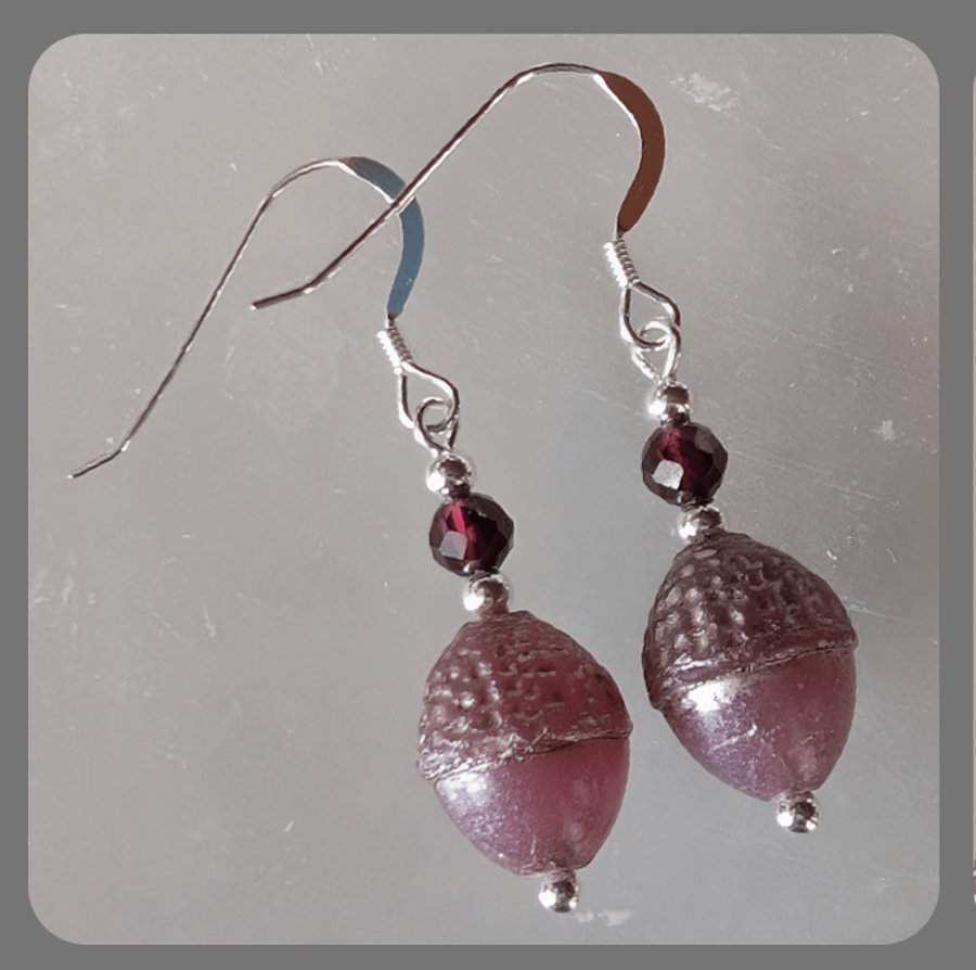 Pink Czech Glass Acorn, Garnet and Sterling Silver Earrings