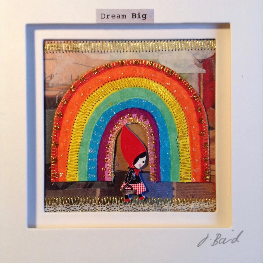 Dream Big - Inspirational art. Red Riding hood, Rainbow, sparkles, magic, framed