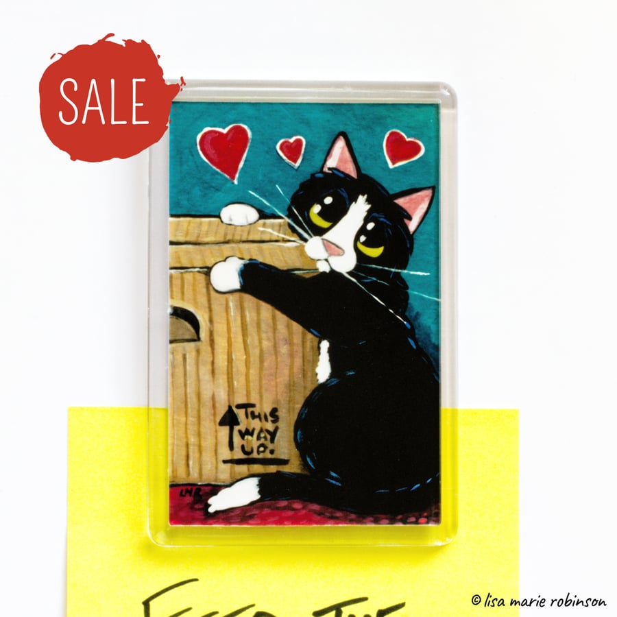 SALE - Tuxedo Cat Loves Cardboard Box Fridge Magnet 3 x 2 inch