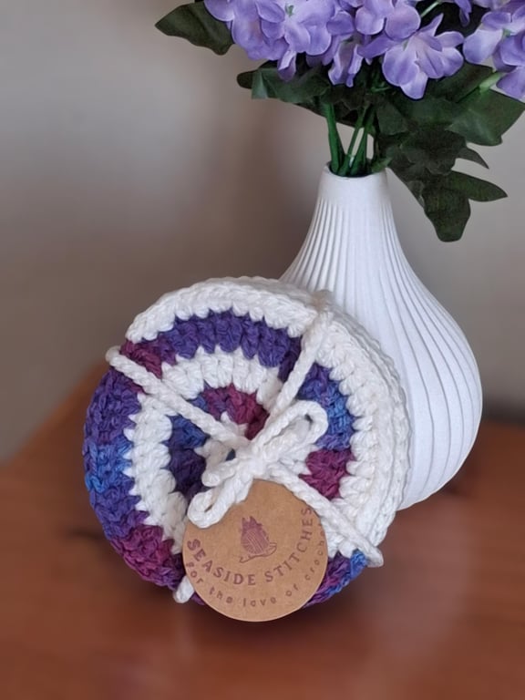 Handmade crochet set of 4 coasters. Spiral shell design. Various colours.