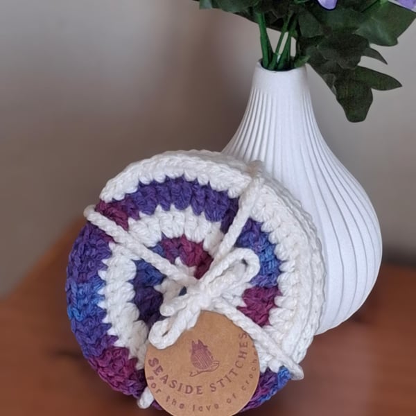 Handmade crochet set of 4 coasters. Spiral shell design. Various colours.
