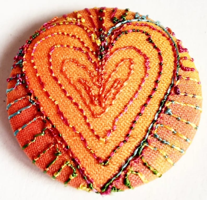 One Inch Button Heart Fabric Button with Free Machine Embroidery 