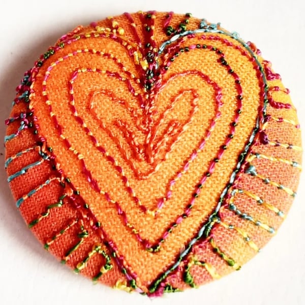 One Inch Button Heart Fabric Button with Free Machine Embroidery 