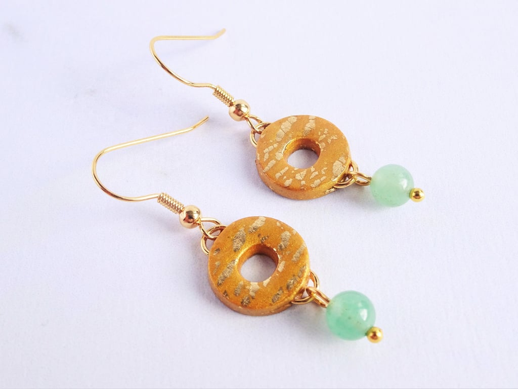 Aventurine Dangly Earrings, Semi Precious Jewellery, Green and Gold Earrings