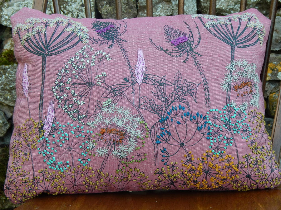 Cow Parsley and hedgerow flower cushion - Screen printed with hand embroidery