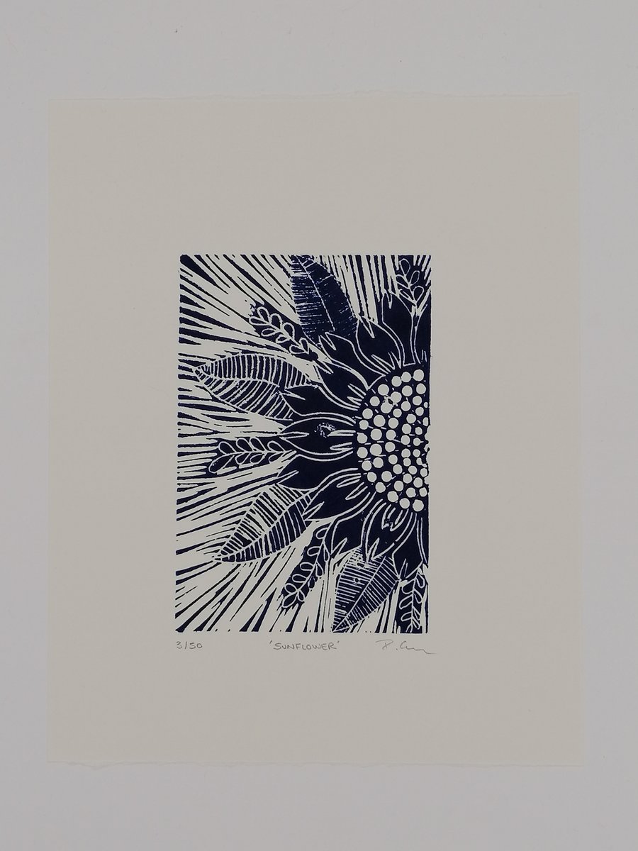 "Sunflower" lino cut print. 15 x 10 cm. Blue on white. Limited Edition of 50 