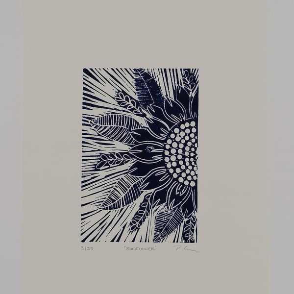 "Sunflower" lino cut print. 15 x 10 cm. Blue on white. Limited Edition of 50 