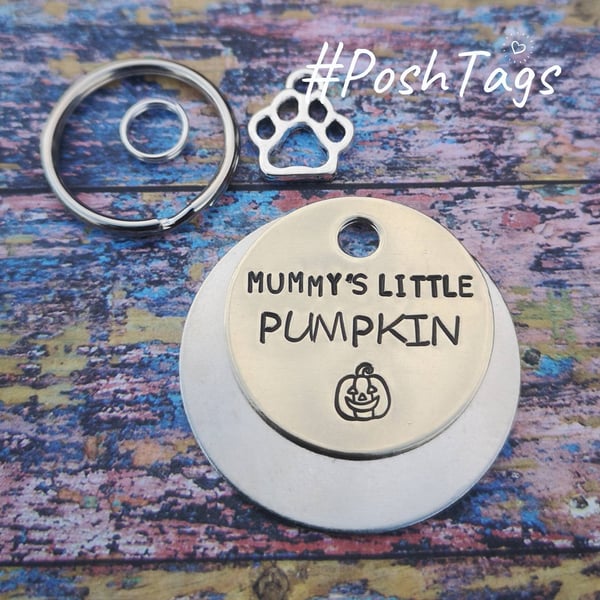 Mummy's Little Pumpkin - magic - hand stamped 3 SIZES- pet cat dog ID tag PoshTa