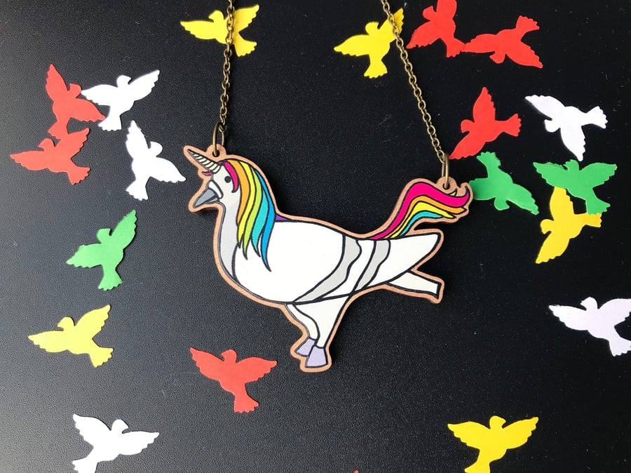 Pigeon Unicorn Wooden Statement Necklace
