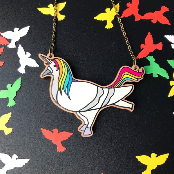 Pigeon Unicorn Wooden Statement Necklace