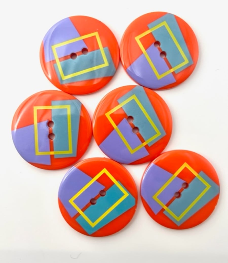6 Large Buttons, 34mm Wide, Pastel Colour Shapes on Orange, Retro