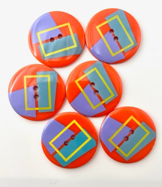 6 Large Buttons, 34mm Wide, Pastel Colour Shapes on Orange, Retro