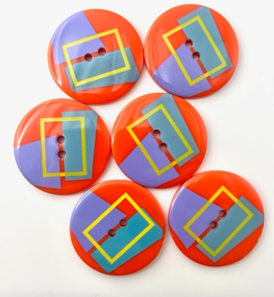 6 Large Buttons, 34mm Wide, Pastel Colour Shapes on Orange, Retro