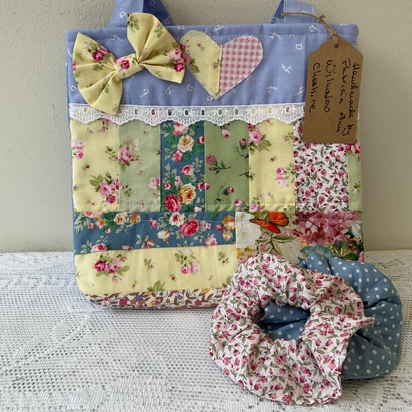 Cute Little Girls Cotton Patchwork Tote Bag and Matching Scrunchies.A.