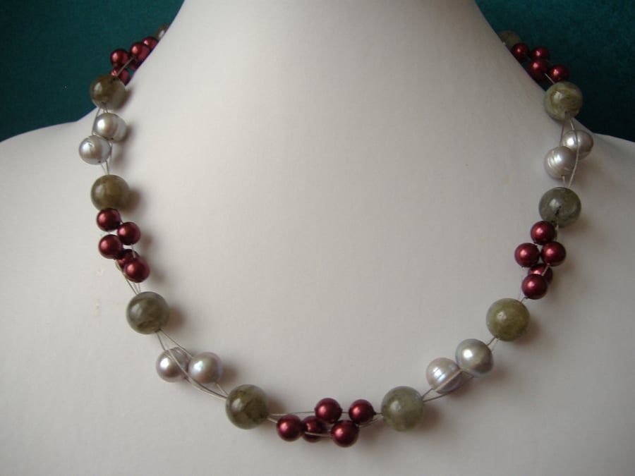 Labradorite, Shell, Cultured Pearl Necklace  - Sterling Silver - Handmade 