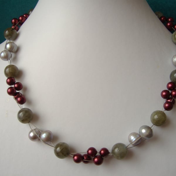 Labradorite, Shell, Cultured Pearl Necklace  - Sterling Silver - Handmade 