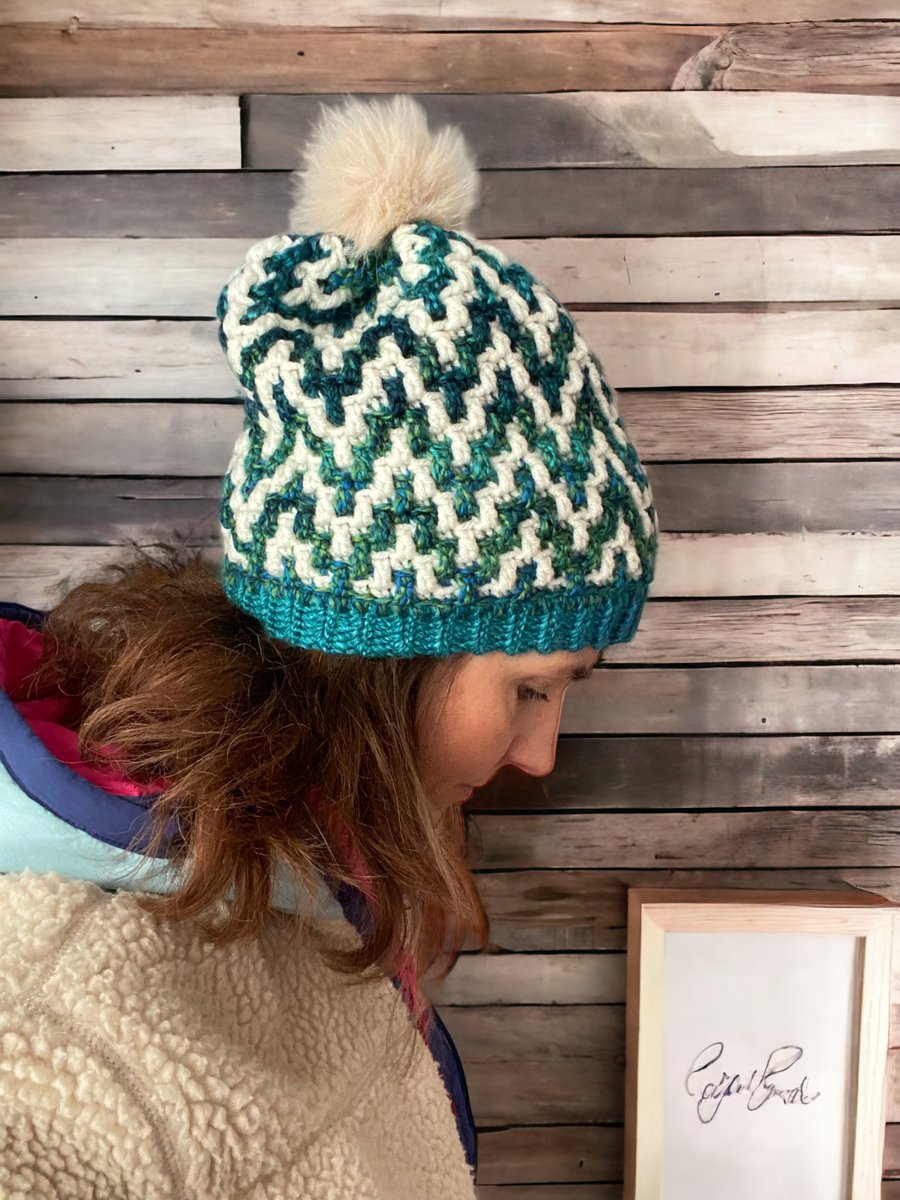 Chunky Green and Blue Mosaic Bobble Beanie Hat. 