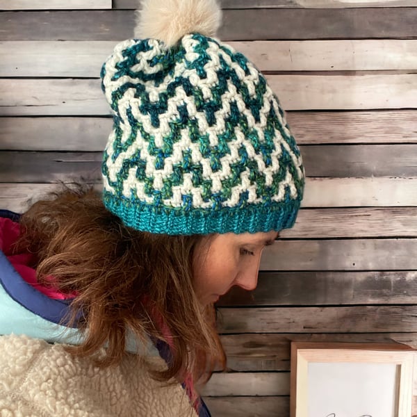 Chunky Green and Blue Mosaic Bobble Beanie Hat. 
