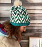 Chunky Green and Blue Mosaic Bobble Beanie Hat.  - Image 1