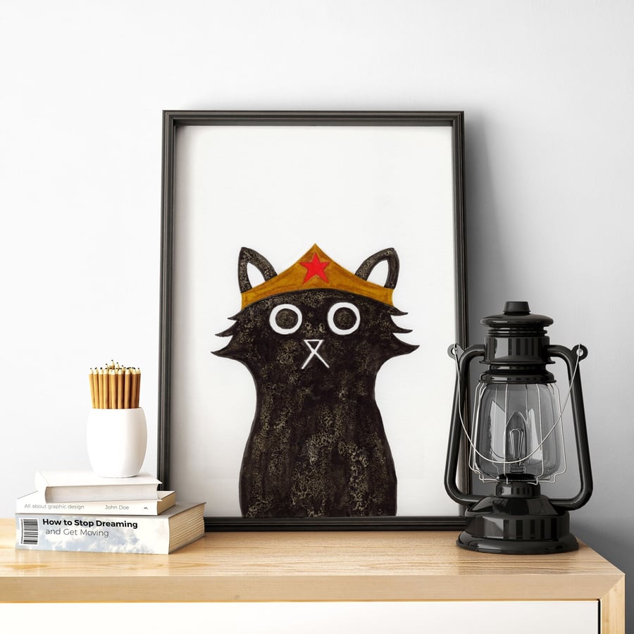 Wonder Cat Wall Art Print, Wall Art Print, Superhero Print, Wonder Woman 