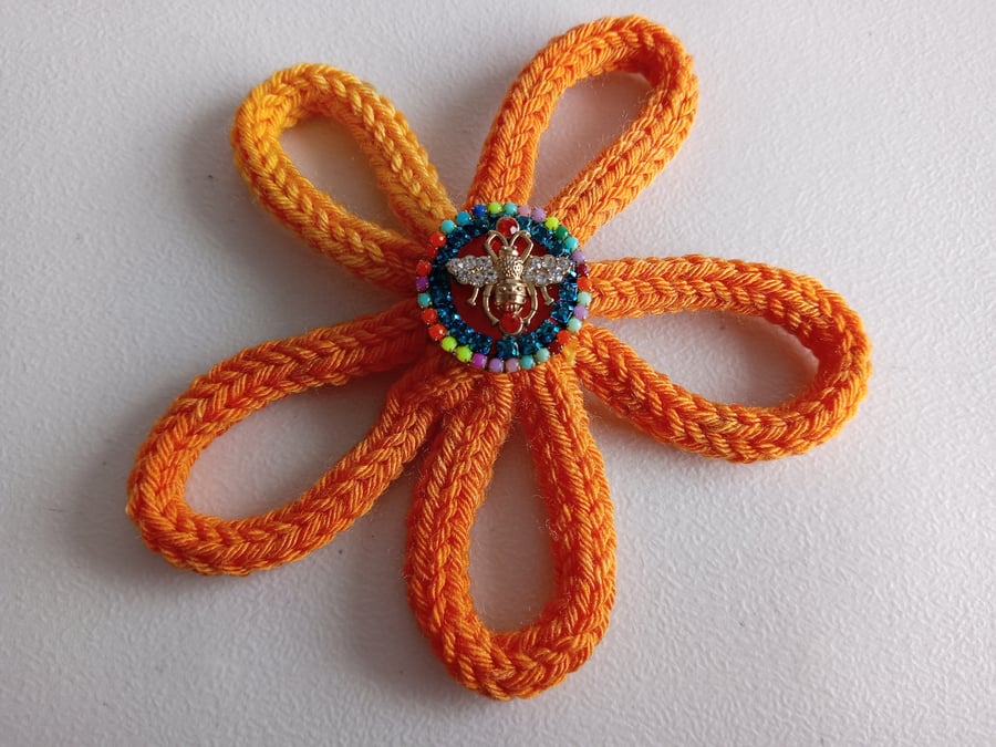 Fun Funky Bright Orange Flower Brooch with Bee 