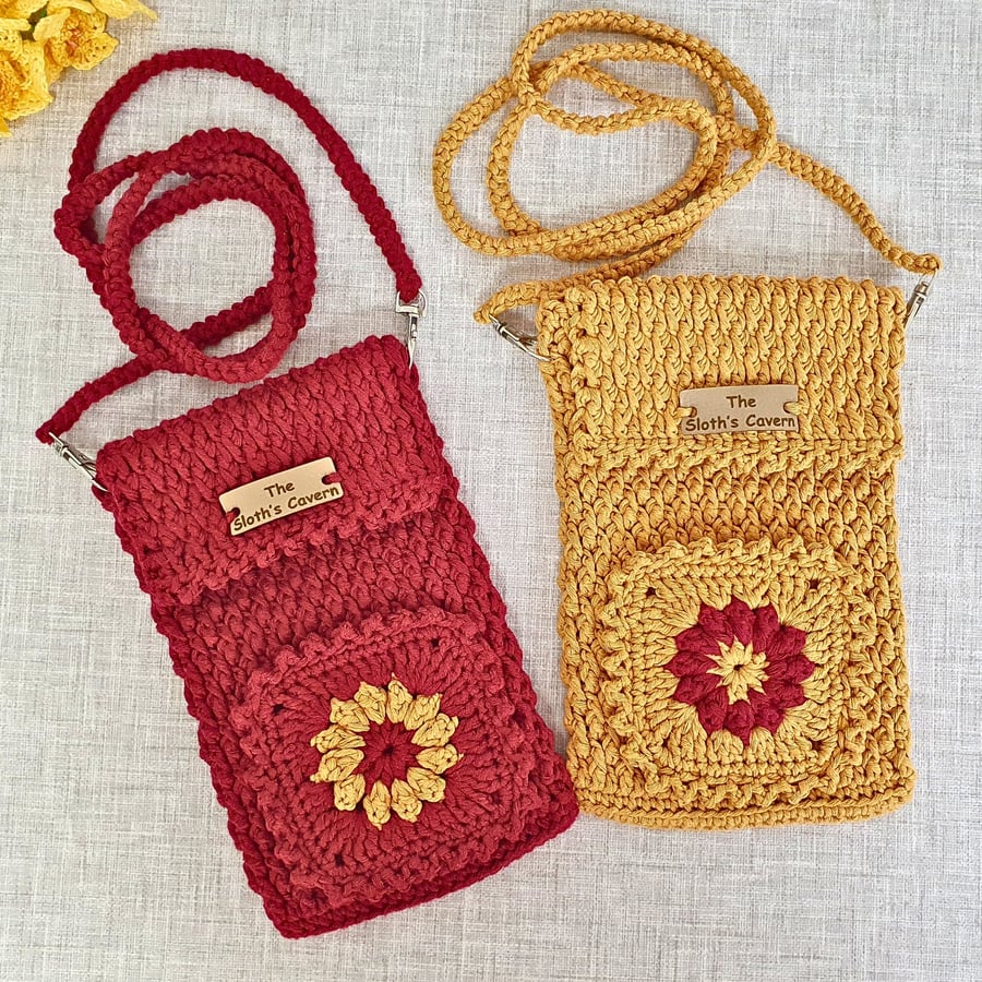 Crossbody Phone Bag, Crochet Phone Bag With Small Pocket, in Burgundy & Mustard 
