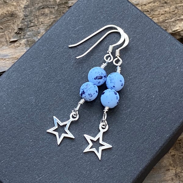 Reduced! Speckled blue & sterling silver star earrings.